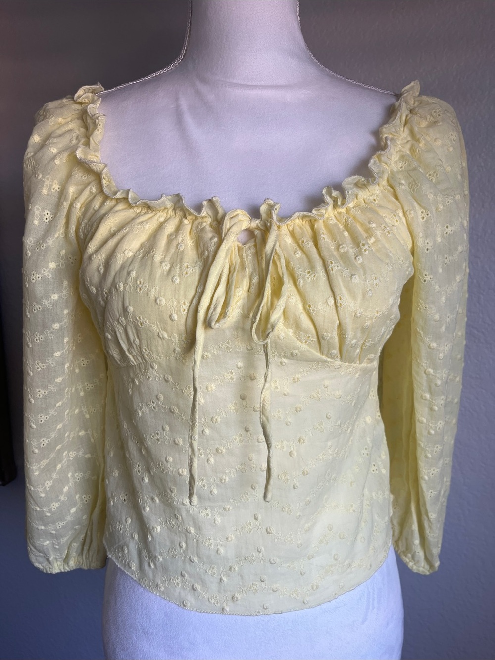 Yellow Ruffle-Trim Peasant Blouse with Tie Front